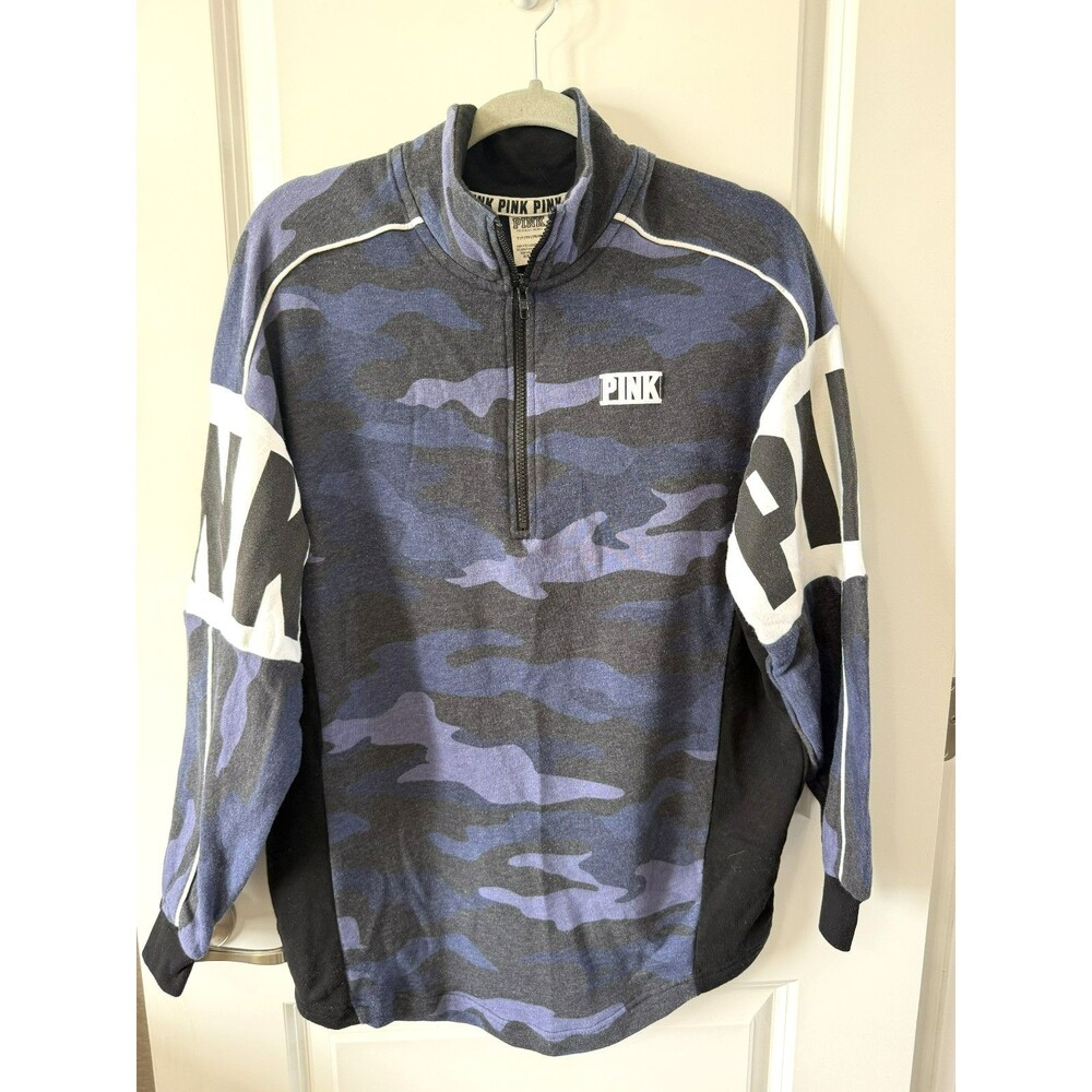 Victoria's Secret PINK Purple blue camo Sweatshirt S logo colorblock quarter zip